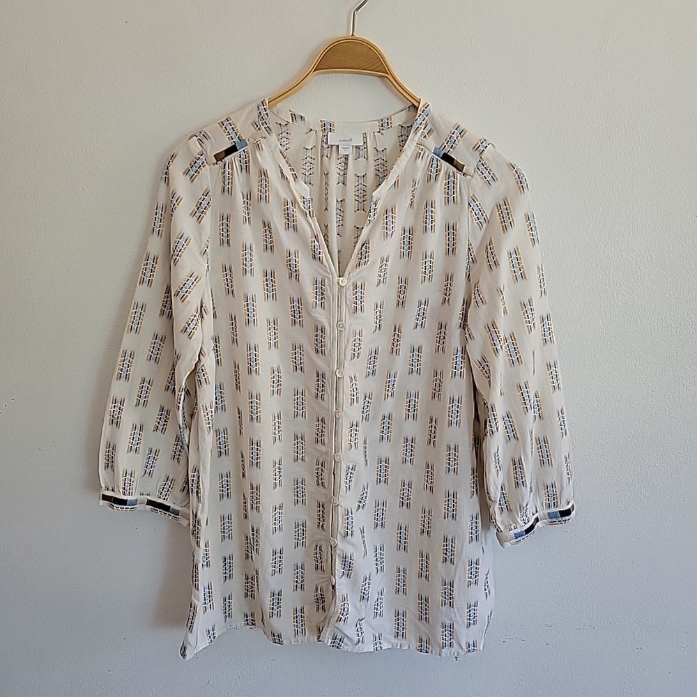 Pure Jill Easy Button Front Embroidered Blouse Button Up Balloon Sleeve Bohemian